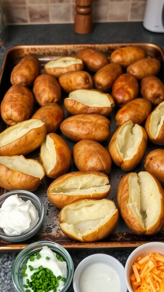 A tray of golden baked potatoes with toppings ready to serve.